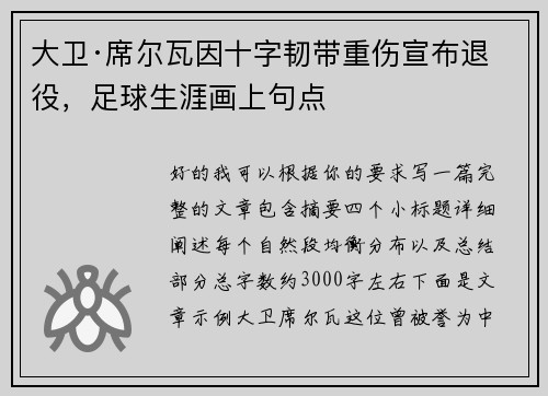 大卫·席尔瓦因十字韧带重伤宣布退役，足球生涯画上句点