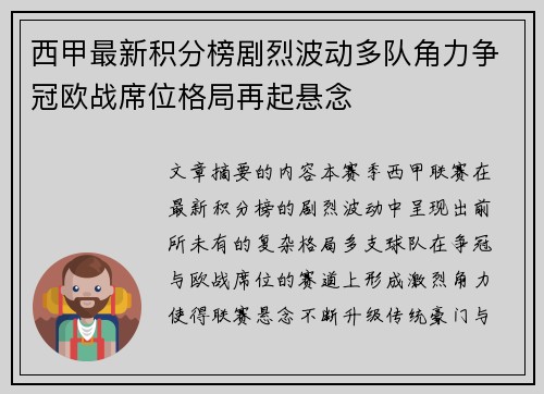西甲最新积分榜剧烈波动多队角力争冠欧战席位格局再起悬念 西甲最新积分榜剧烈波动多队角力争冠欧战席位格局再起悬念