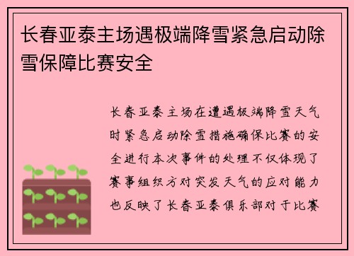 长春亚泰主场遇极端降雪紧急启动除雪保障比赛安全